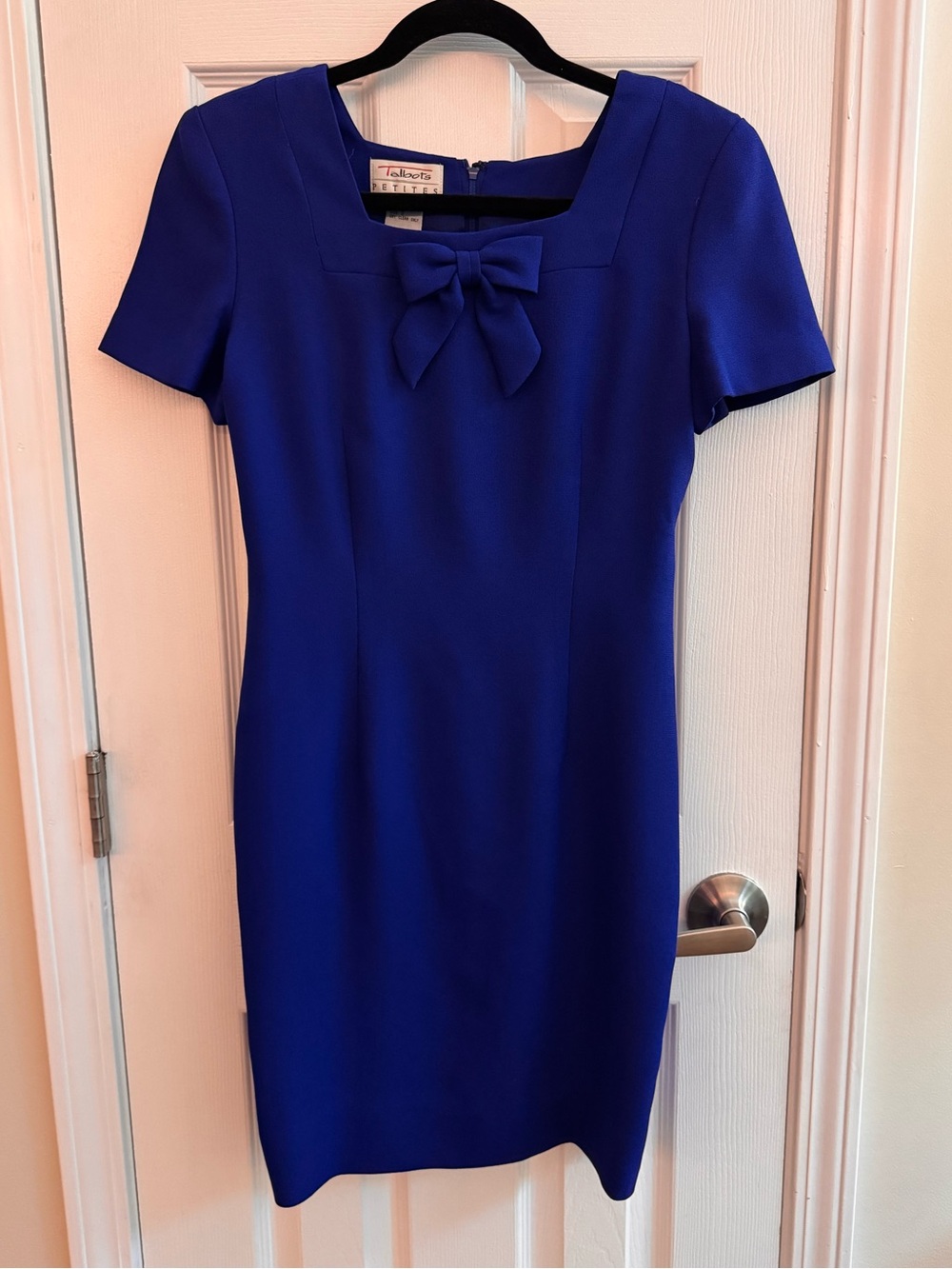 TALBOTS Vintage Square Neck Short Sleeve Blue Bow Dress Size 2P